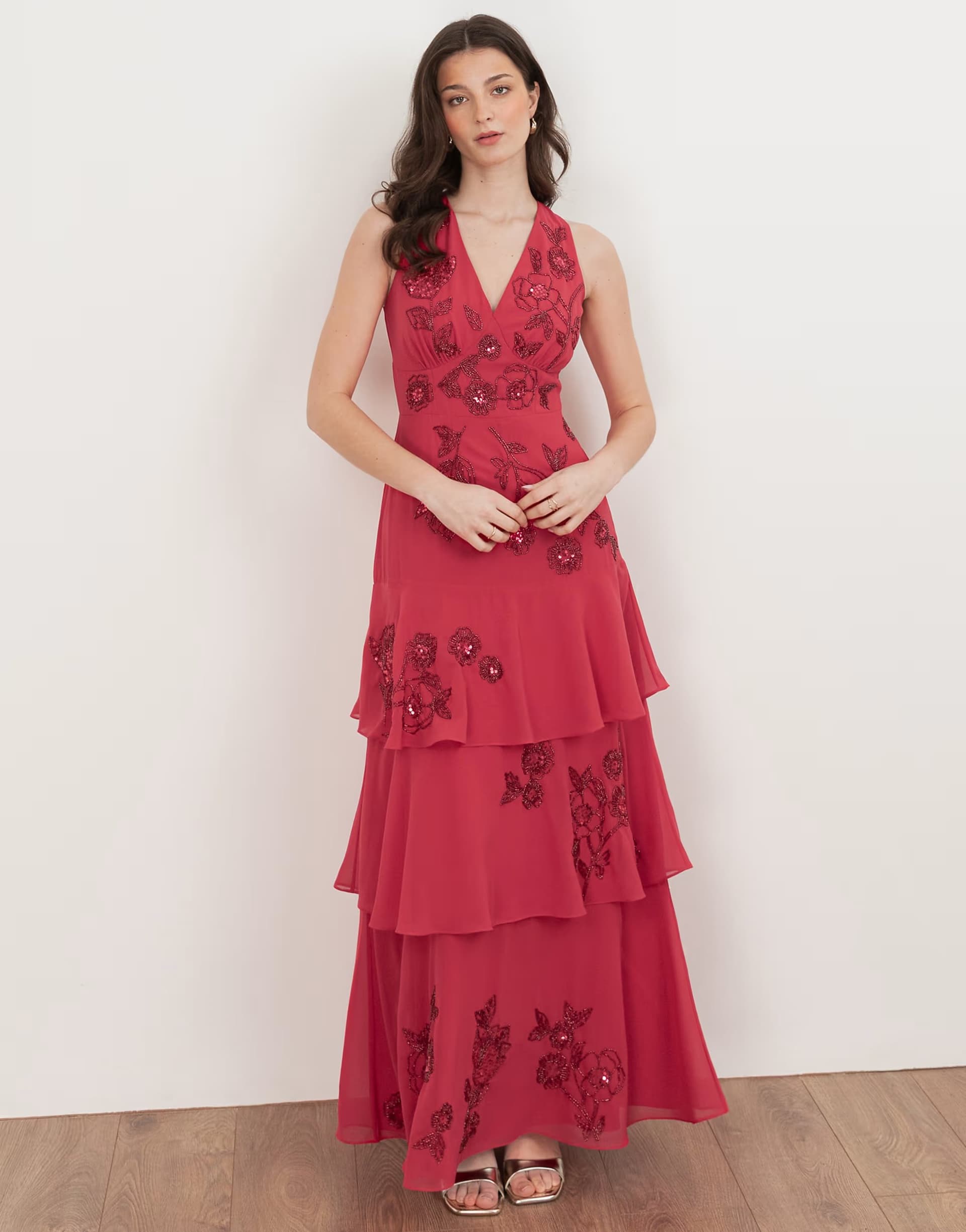 ASOS Maya Floral embellished tiered maxi dress in hot pink