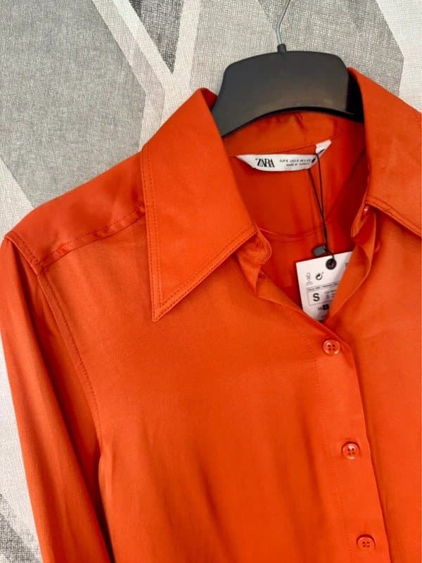 Zara Zara Orange Satin Dagger Collar Shirt Blouse S 8 BNWT