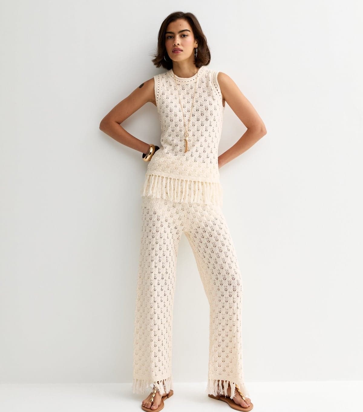 New Look Women's Cream Cotton Rich Knit Tassel Hem Wide Leg Trousers New Look