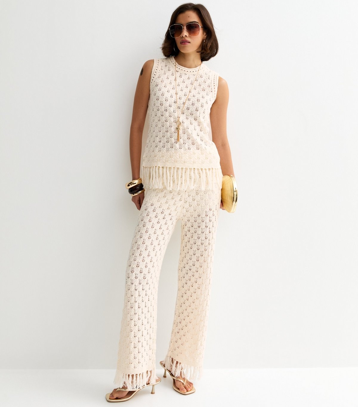 New Look Women's Cream Cotton Rich Knit Tassel Hem Wide Leg Trousers New Look - 3