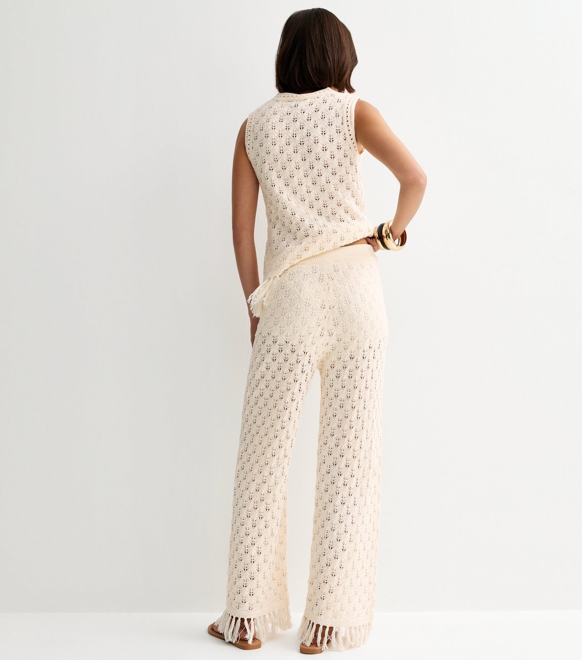 New Look Women's Cream Cotton Rich Knit Tassel Hem Wide Leg Trousers New Look - 4