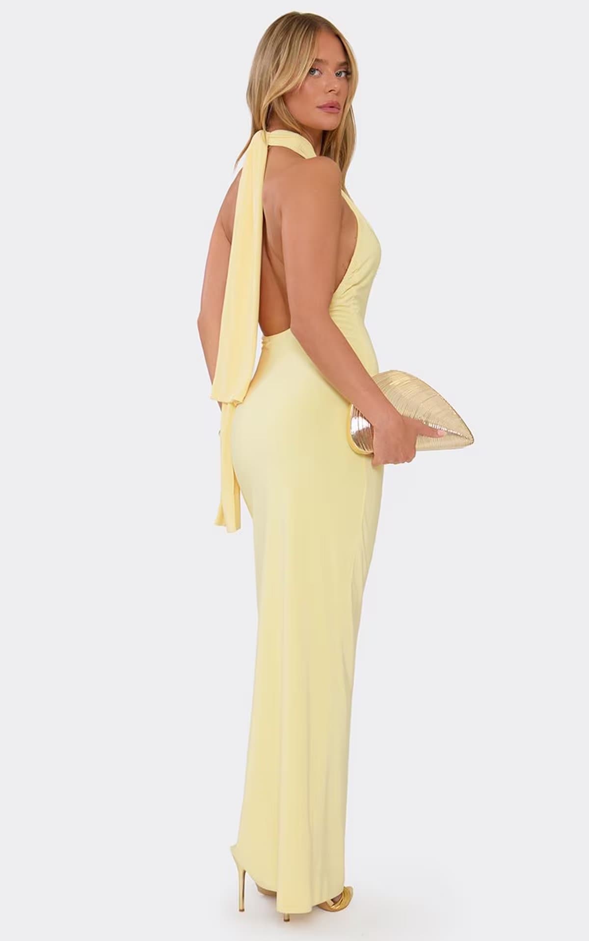 EGO Halterneck Twist Keyhole Cut Out Detail Maxi Dress In Lemon, Women's Size UK 6