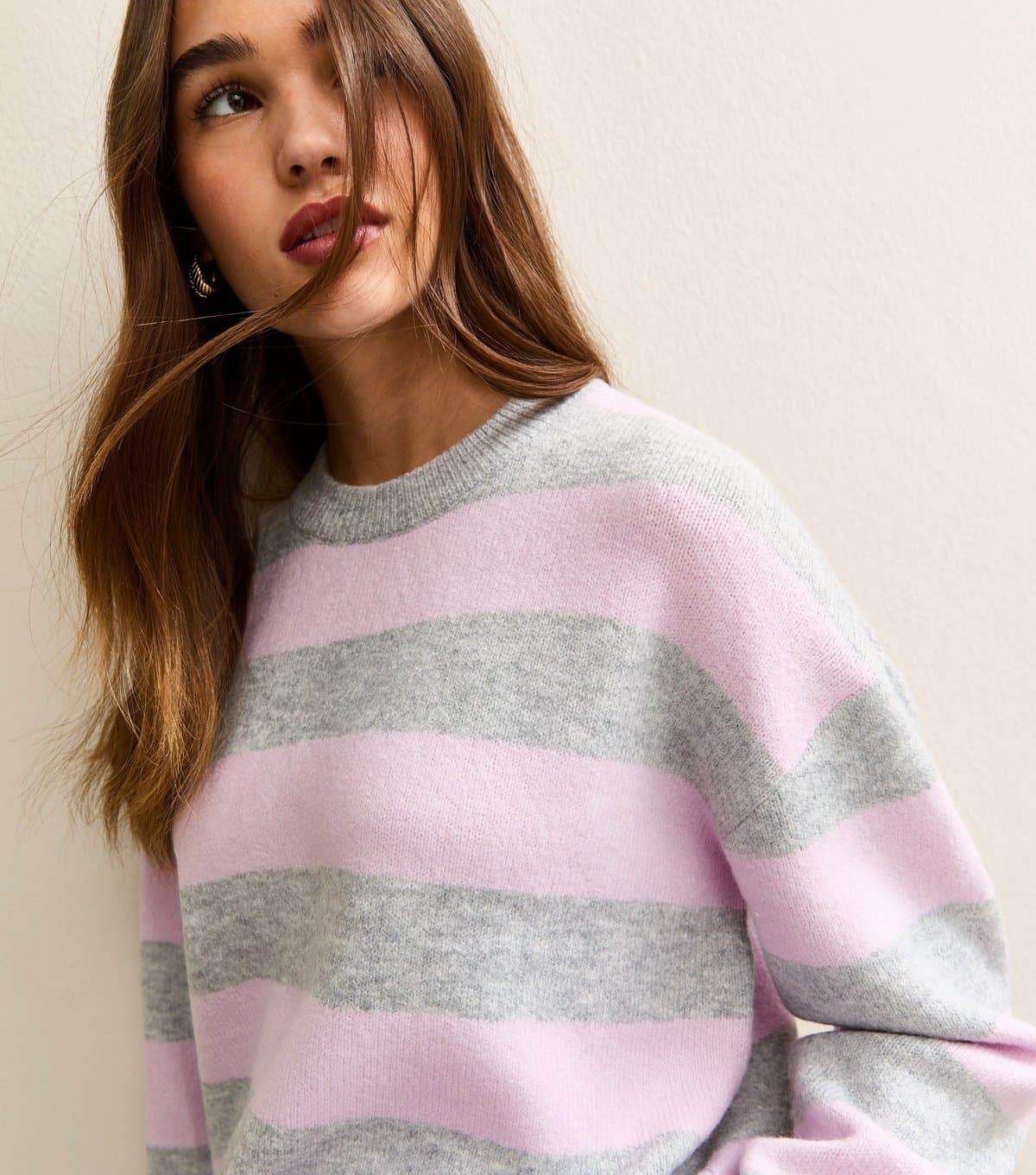 New Look Women's Light Grey Striped Midweight Jumper New Look