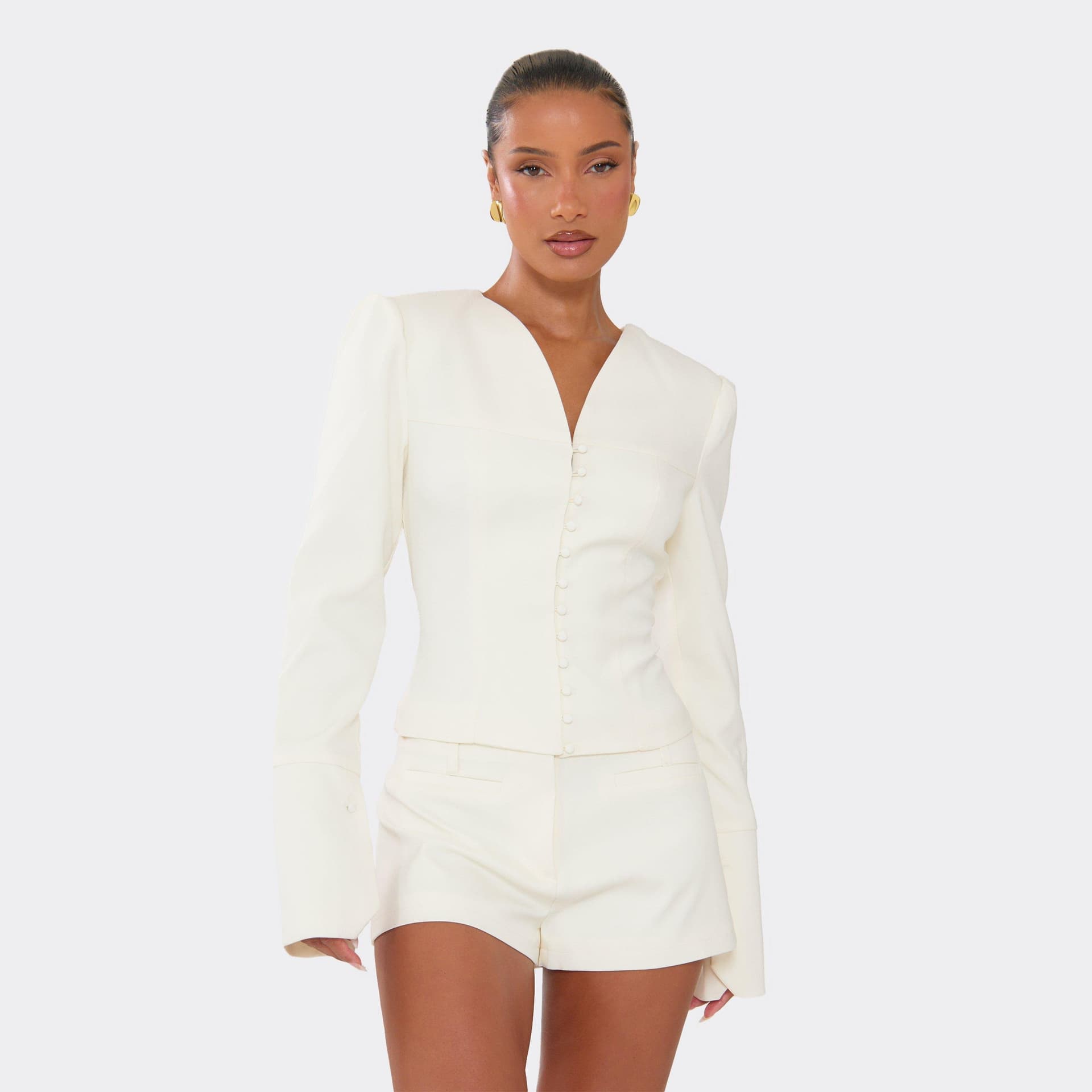 EGO Long Puff Sleeve Button Up Front Tailored Blazer In Cream, Women's Size UK 6