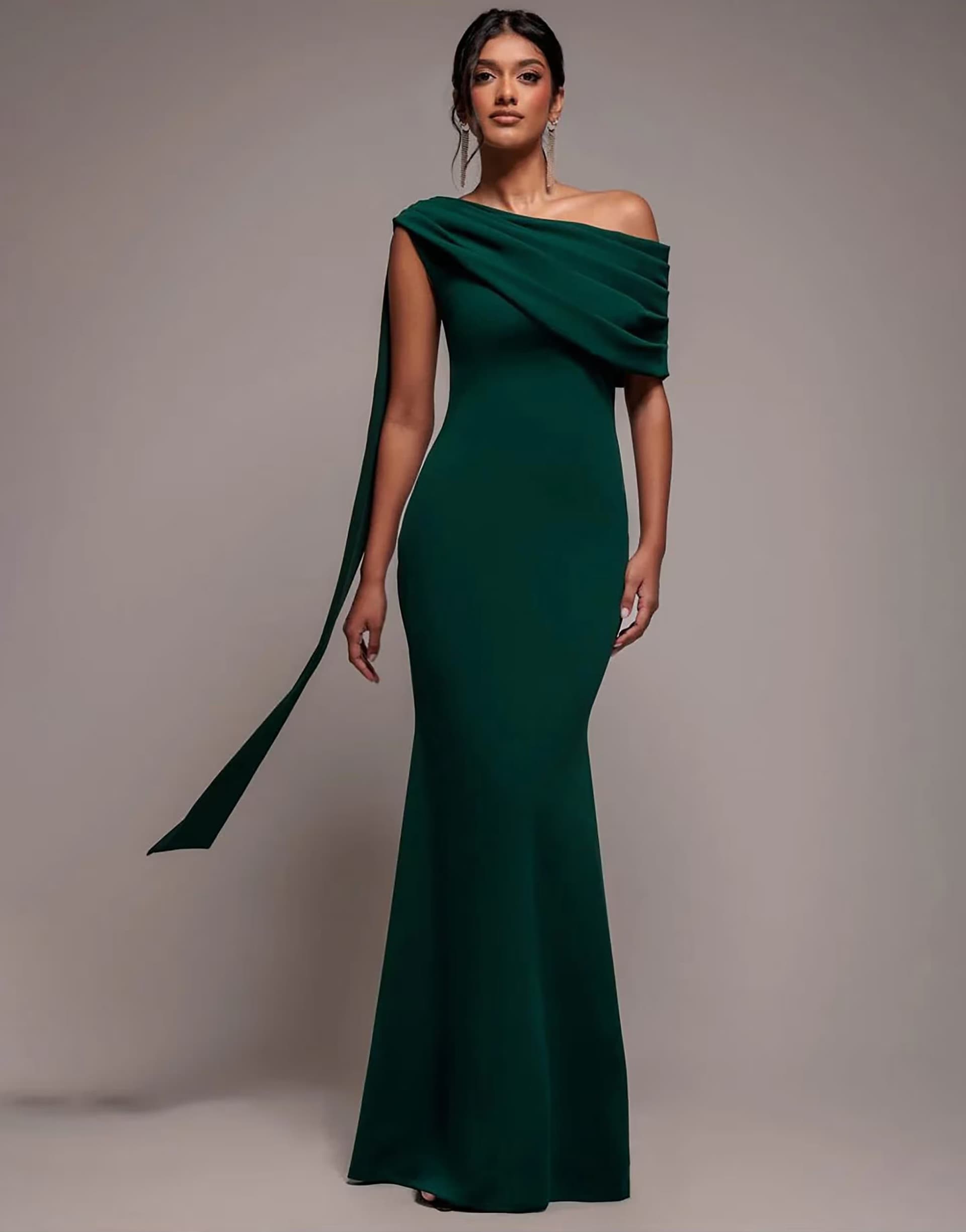 ASOS Goddiva Sash one shoulder bardot maxi dress in emeraldgreen