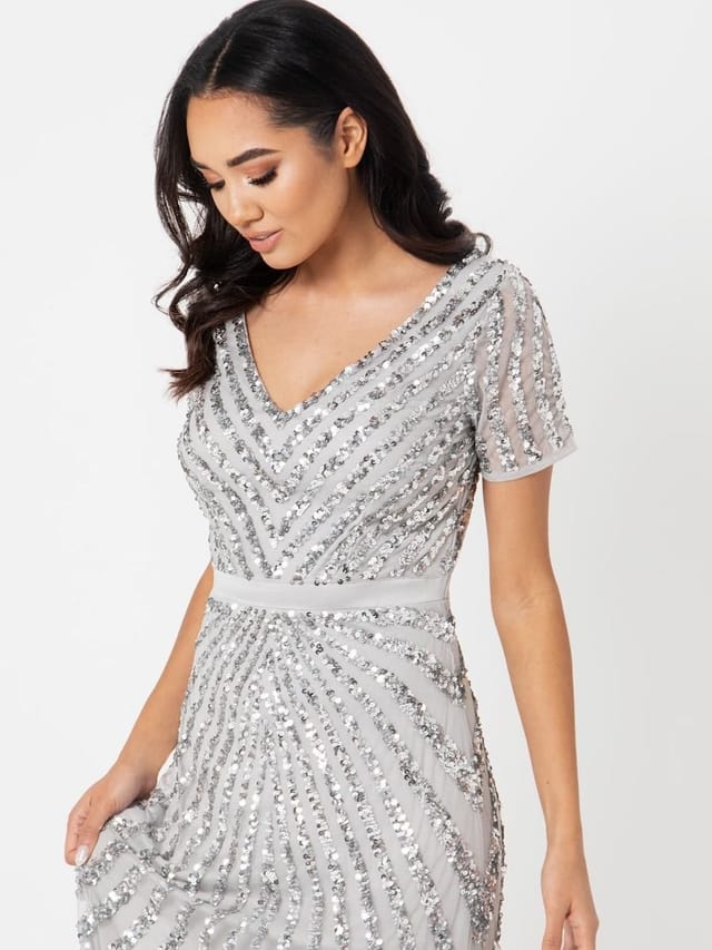 Maya Deluxe Maya Deluxe Women's Short Sleeve Stripe Embellished Maxi Dress in Grey - 2
