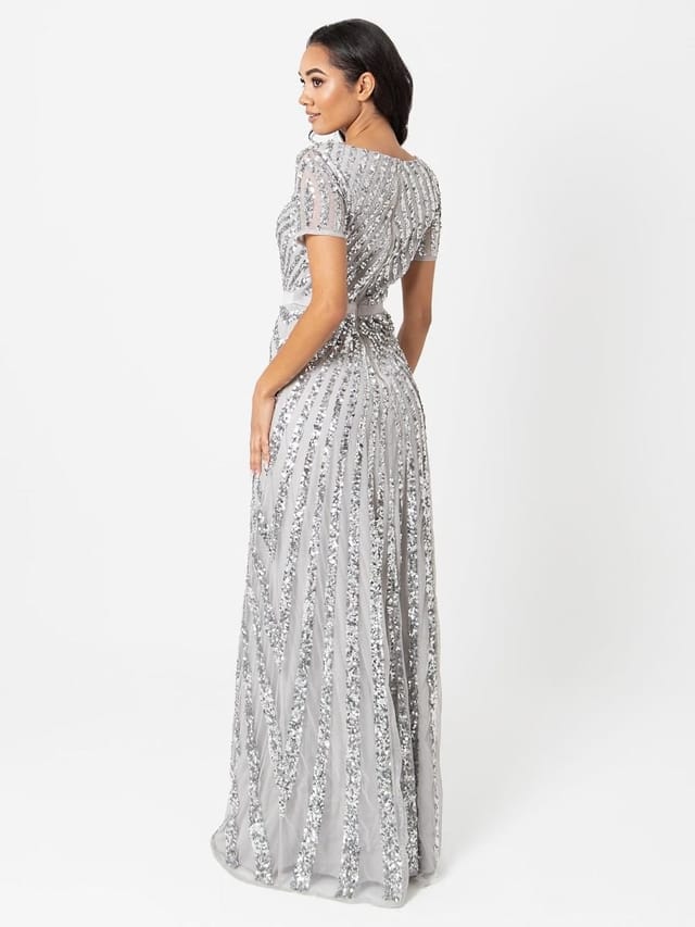 Maya Deluxe Maya Deluxe Women's Short Sleeve Stripe Embellished Maxi Dress in Grey - 3