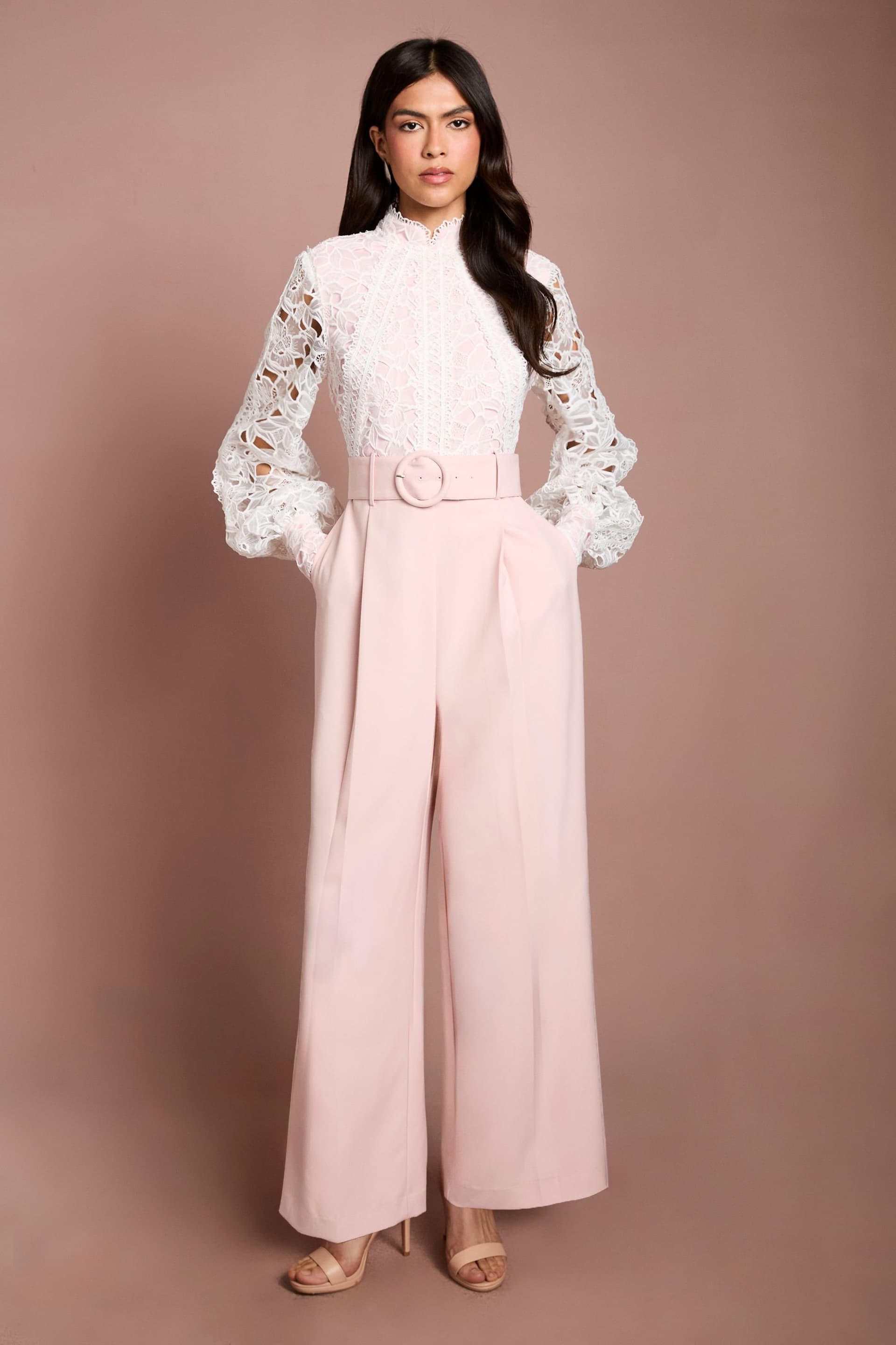 Coast Coast Women's Organza Lace Belted Long Sleeve Jumpsuit in Blush