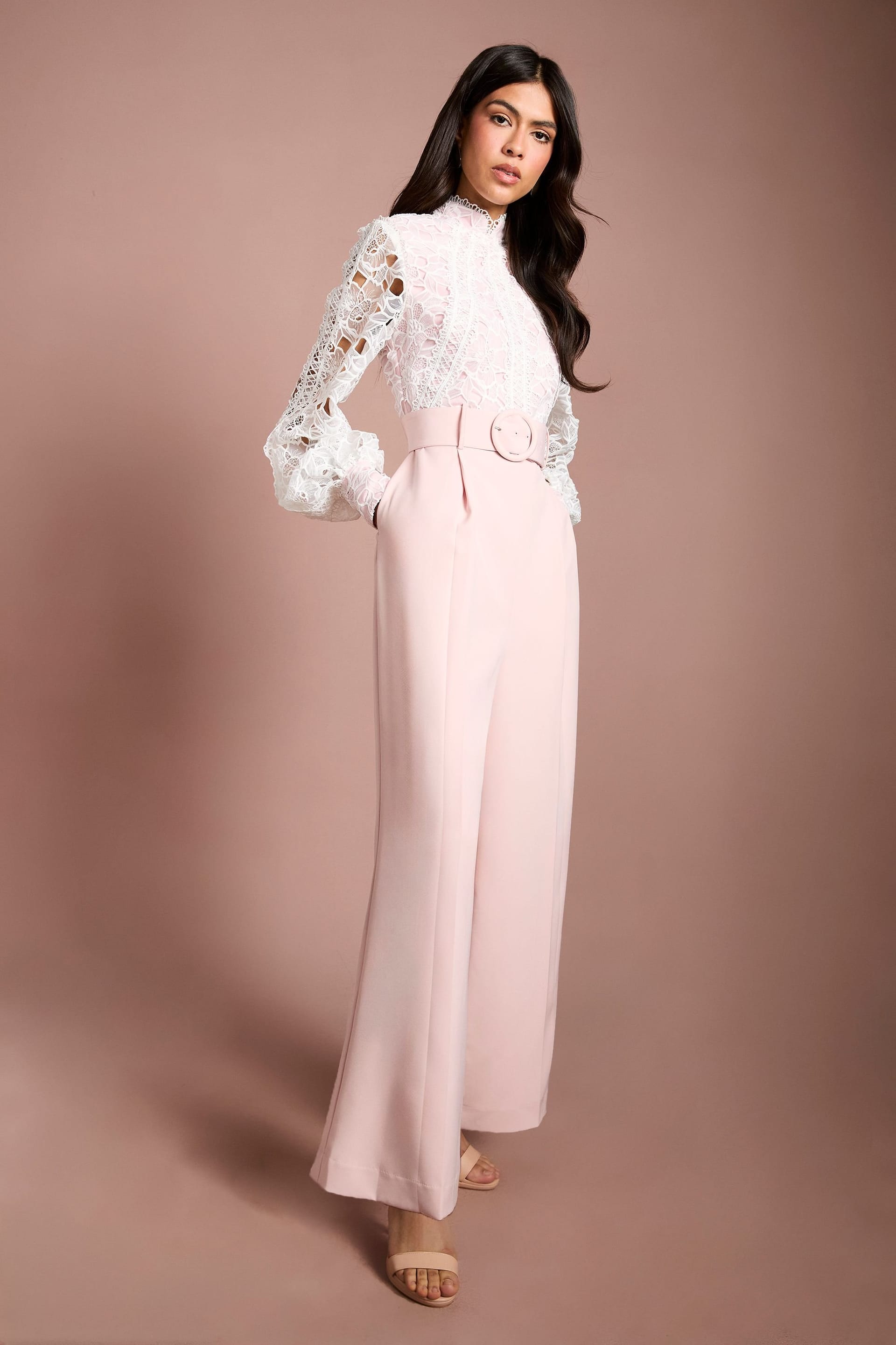 Coast Coast Women's Organza Lace Belted Long Sleeve Jumpsuit in Blush - 4