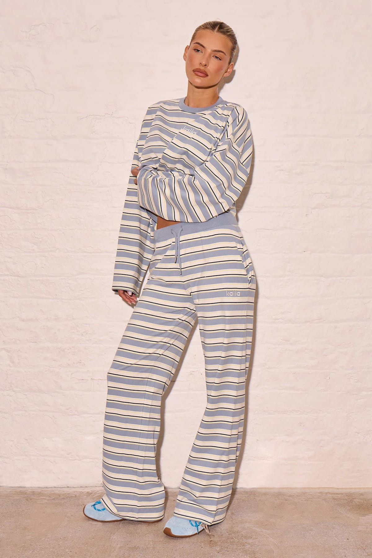 Kaiia Kaiia Striped Wide Leg Trousers Soft Blue & Yellow - 1