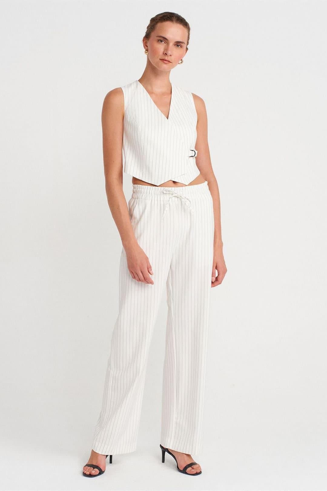 Dilvin Dilvin Women's Wide-Leg Striped Trousers in Off-White