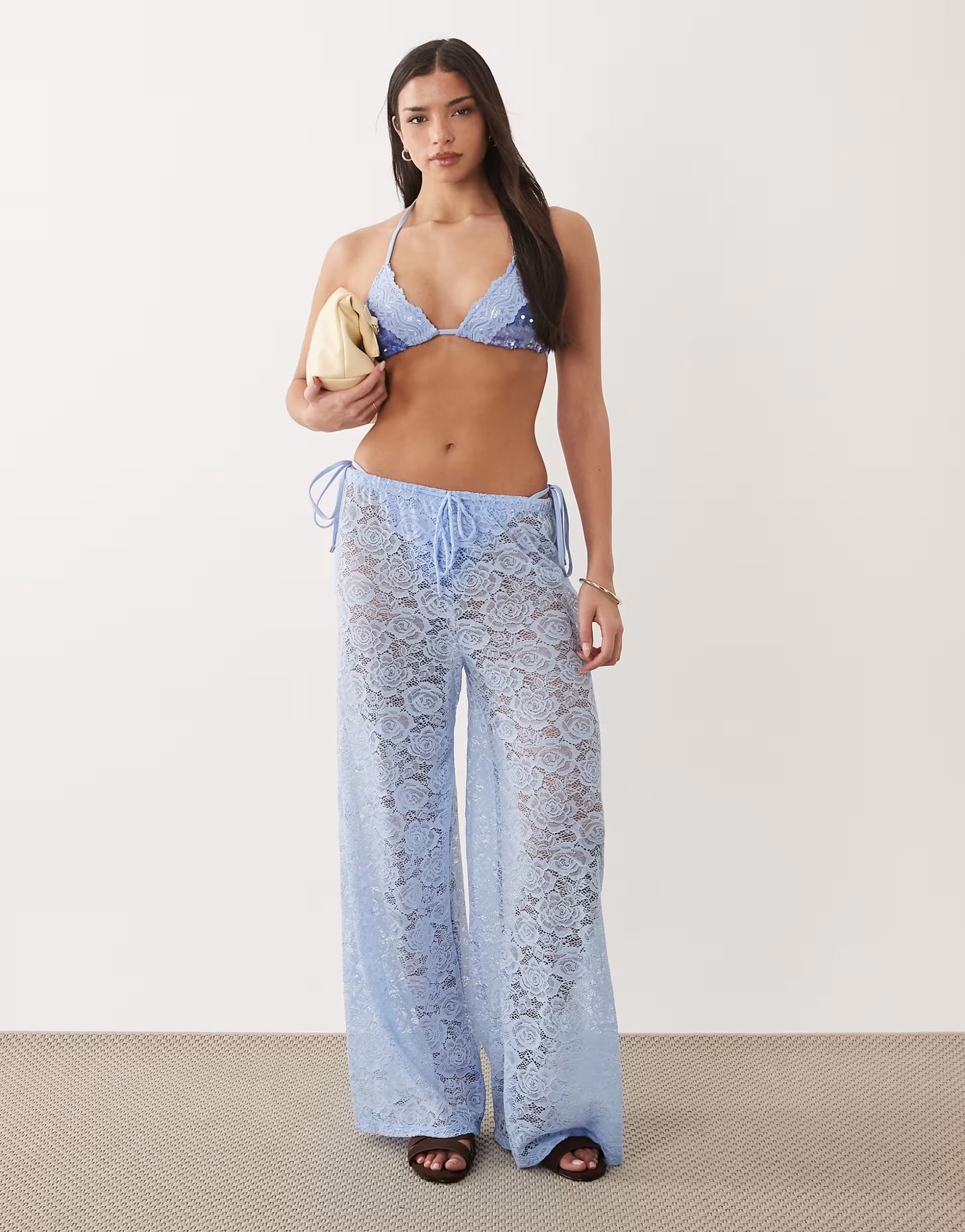 ASOS South Beach lace wide leg trouser in dusky blue
