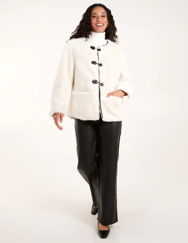 Blue Vanilla Collarless Toggle Detail Faux Fur Jacket - 3