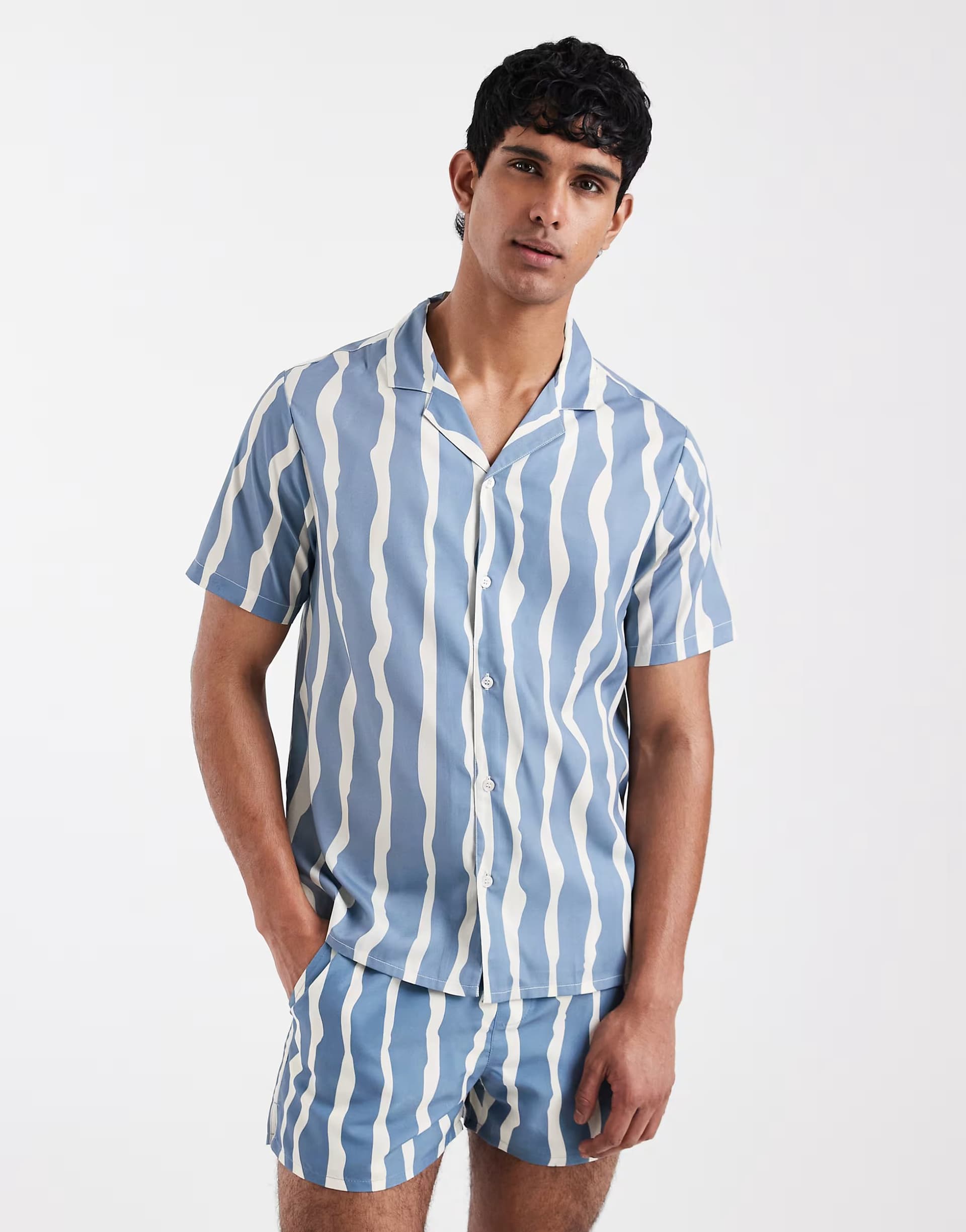 ASOS Aray wavy stripe beach shirt in faded blue