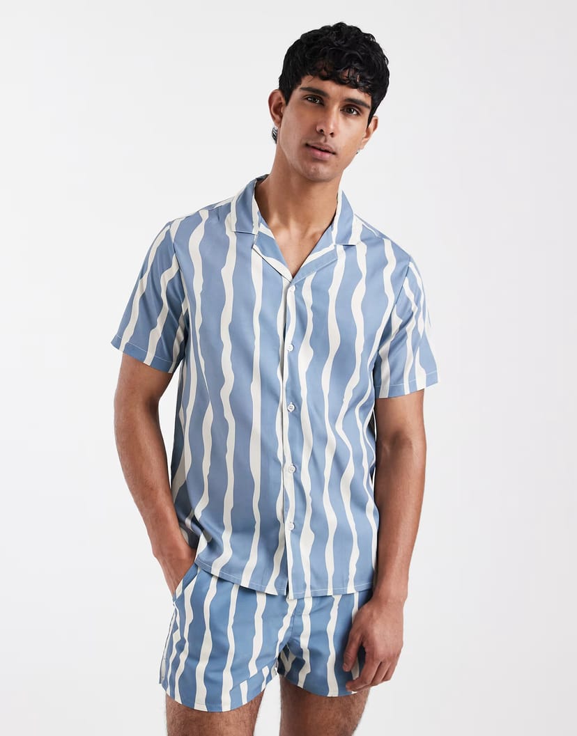 ASOS Aray wavy stripe beach shirt in faded blue - 1