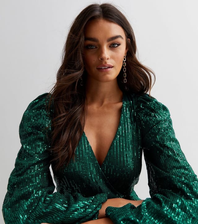 Gini London Women's Dark Green Sequin V Neck Long Sleeve Belted Mini Wrap Dress Gini London New Look - 2