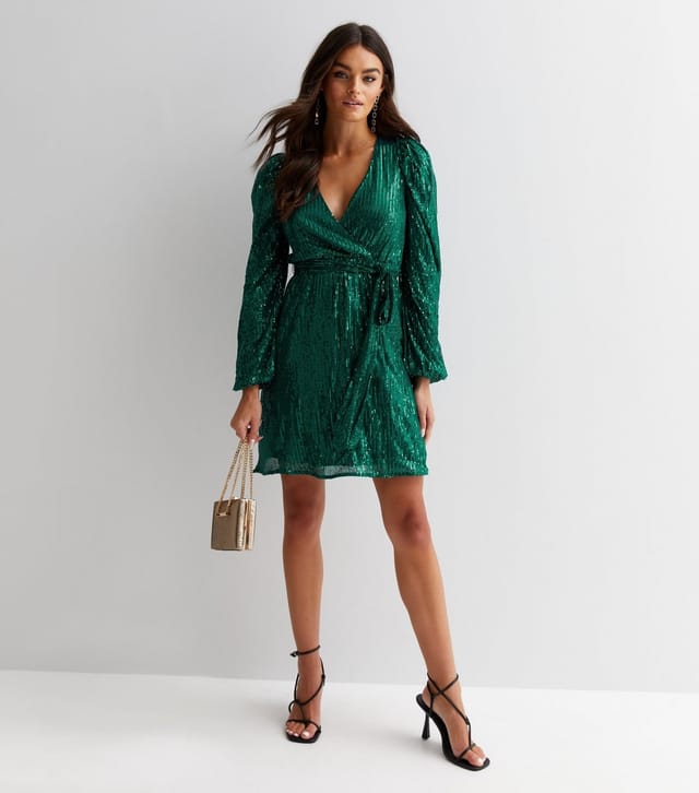 Gini London Women's Dark Green Sequin V Neck Long Sleeve Belted Mini Wrap Dress Gini London New Look - 3