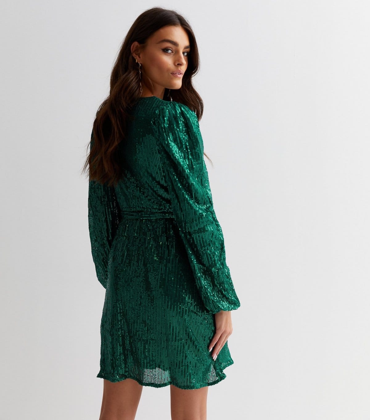 Gini London Women's Dark Green Sequin V Neck Long Sleeve Belted Mini Wrap Dress Gini London New Look - 4