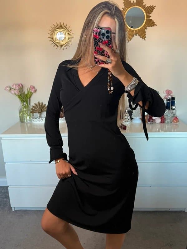 Next Vintage next black slinky wrap long sleeve tie cuff maxi dress size 10