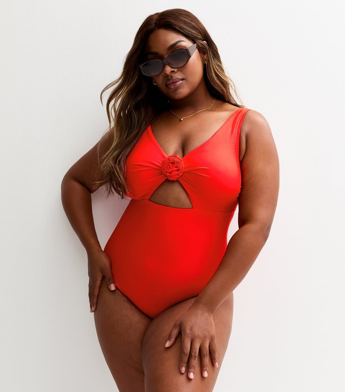 New Look Women's Plus Size Red Floral Applique Cut Out Swimsuit Curves New Look