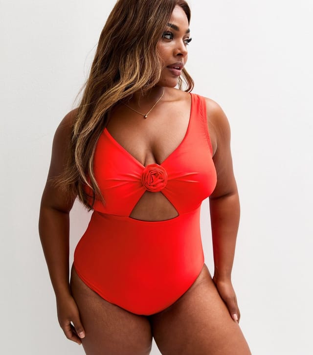 New Look Women's Plus Size Red Floral Applique Cut Out Swimsuit Curves New Look - 2