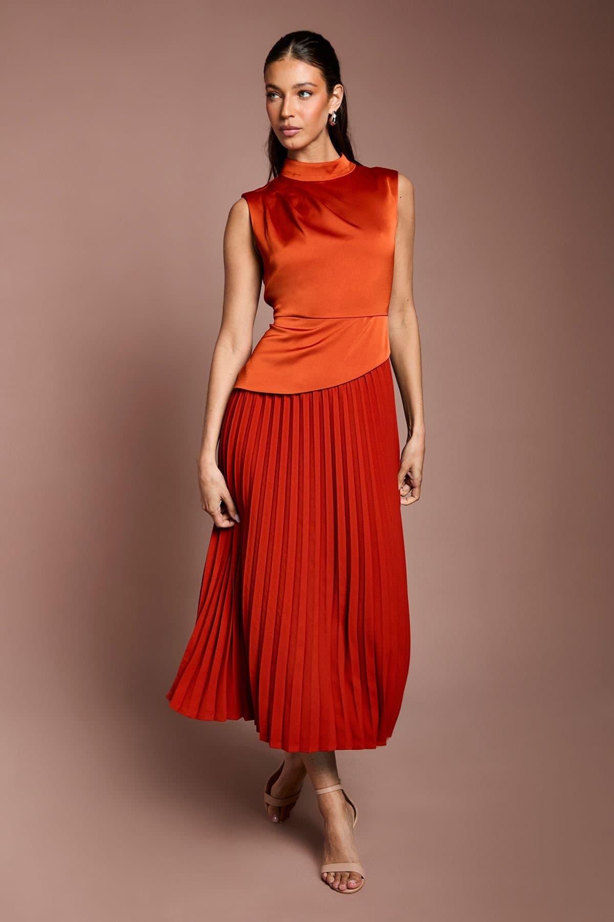 Coast Coast Women's Drape High Neck Pleated Skirt Midi Dress in Rust