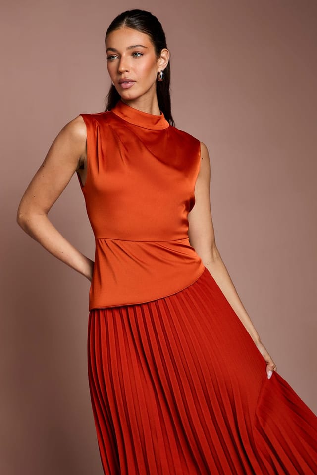 Coast Coast Women's Drape High Neck Pleated Skirt Midi Dress in Rust - 2