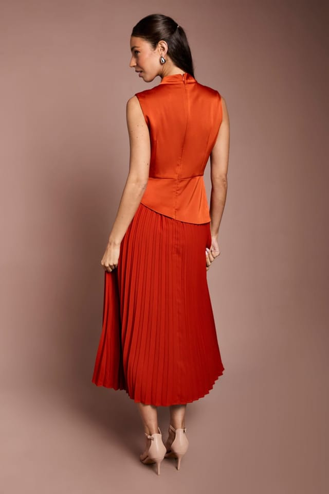 Coast Coast Women's Drape High Neck Pleated Skirt Midi Dress in Rust - 3