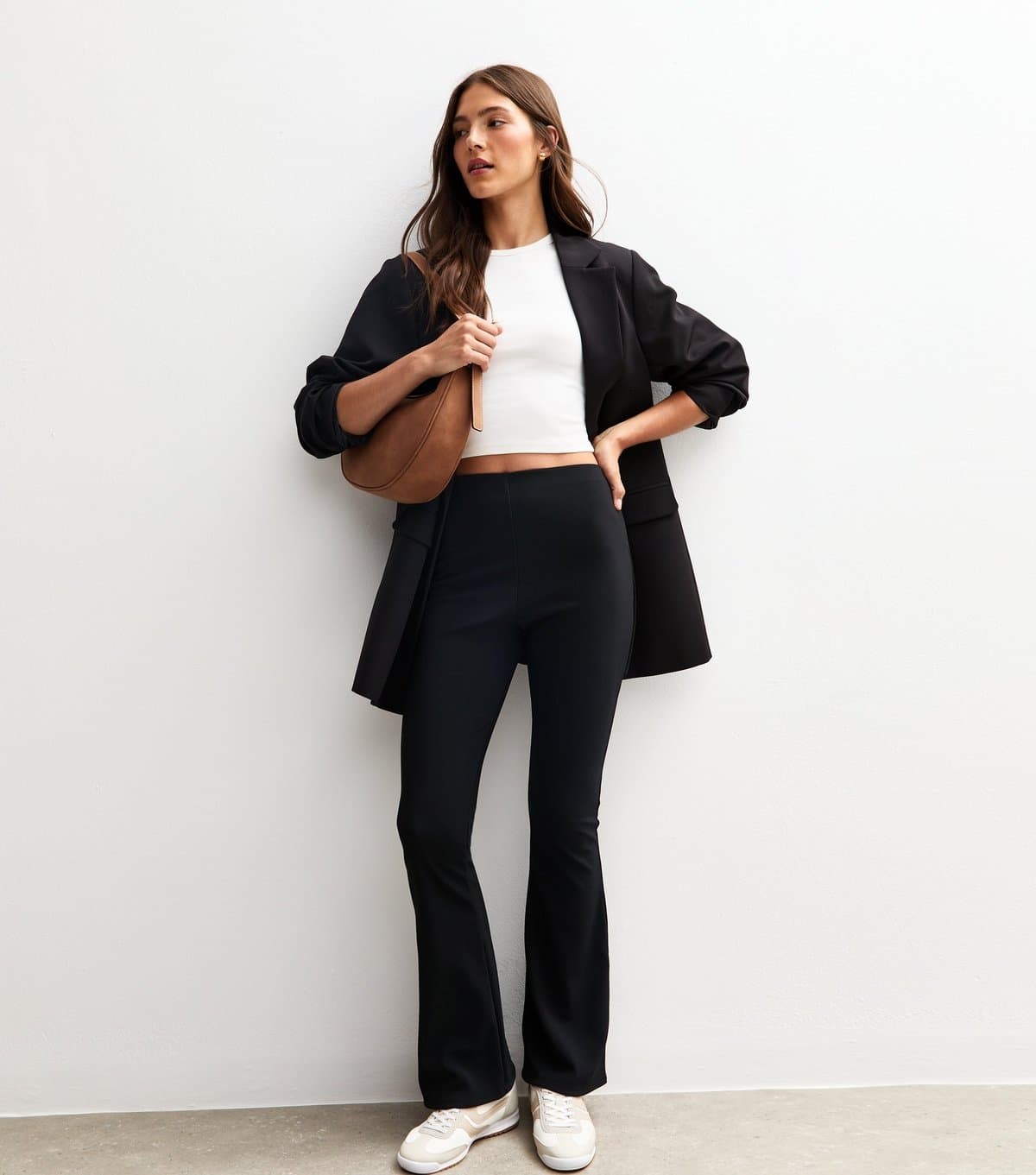 New Look Women's Black Ribbed Flared Leg Trousers New Look