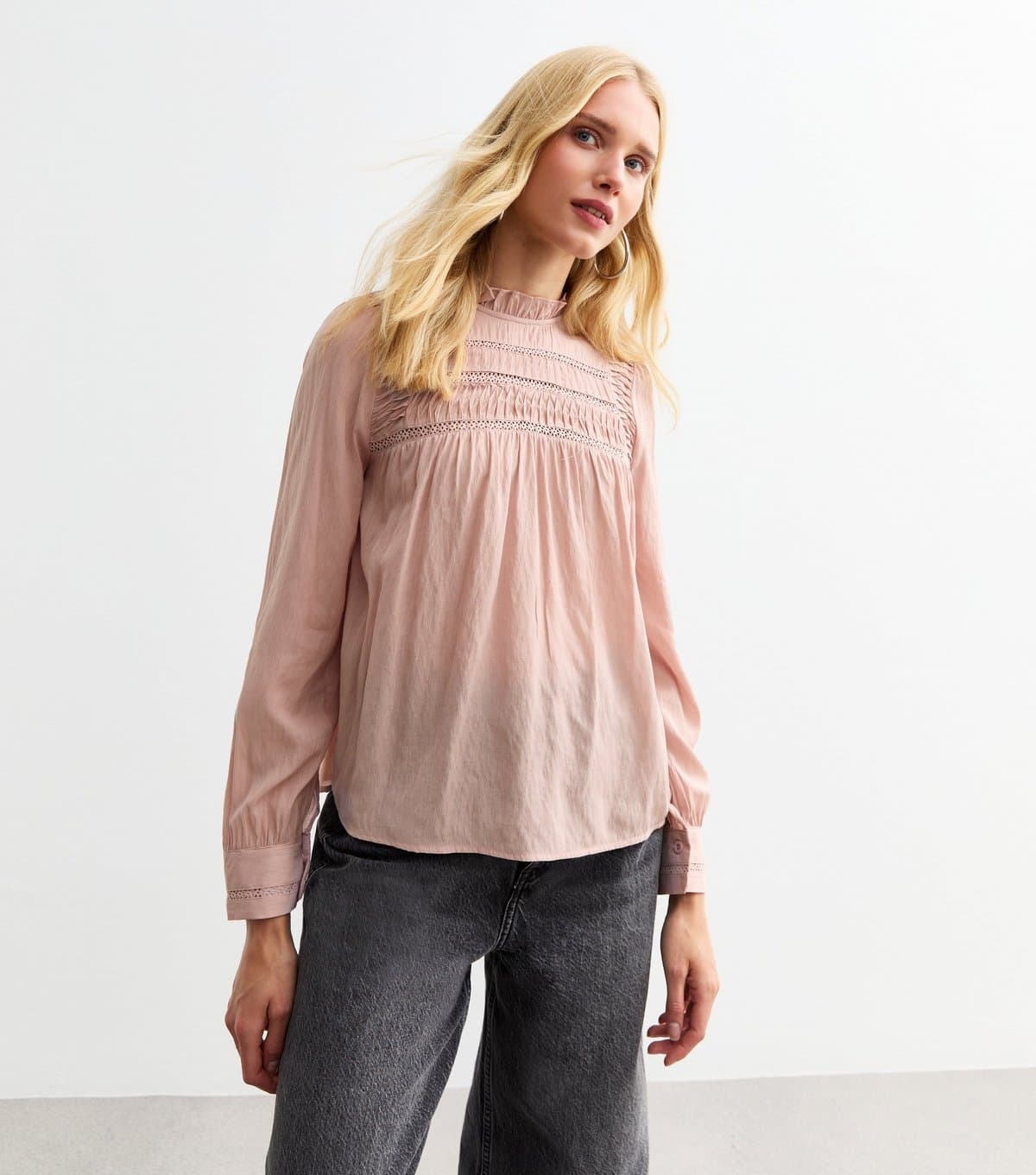 New Look New Look Pink Cutwork Long Sleeve Blouse