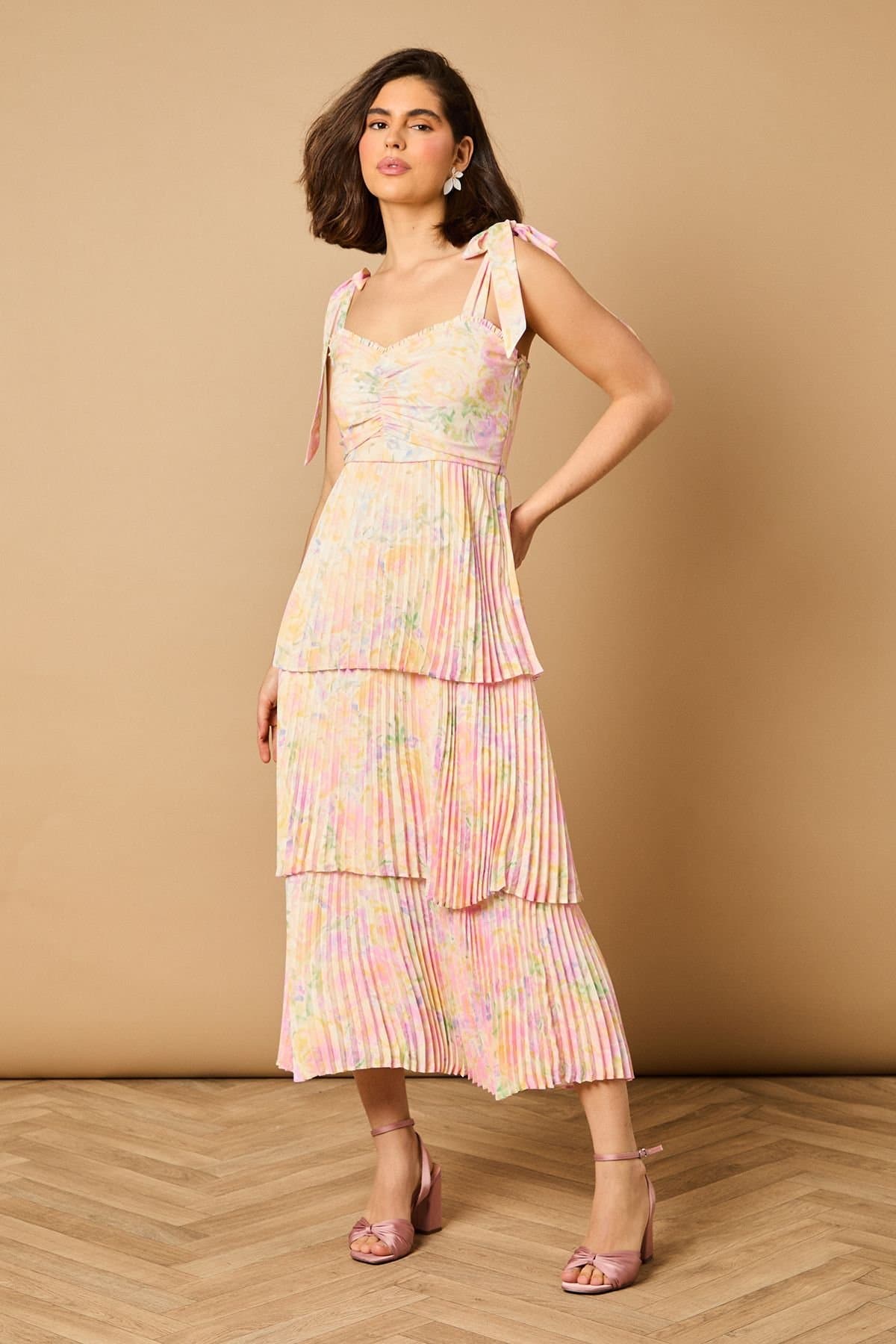 Oasis Oasis Women's Ditsy Floral Pleated Tie Shoulder Midi Dress