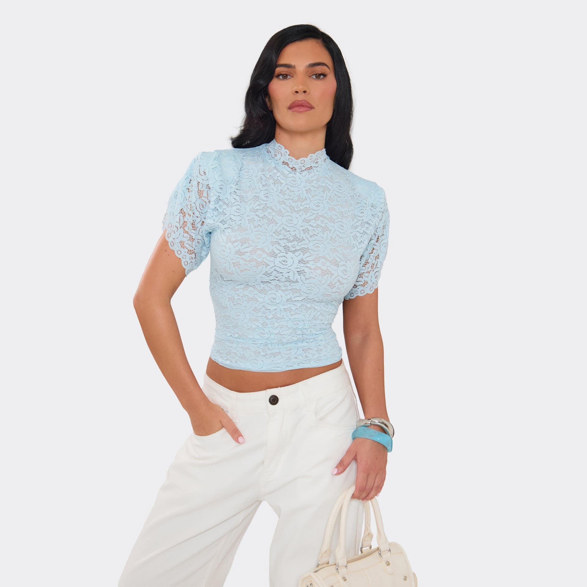 EGO High Neck Short Sleeved Top In Blue Lace, Women's Size UK 6