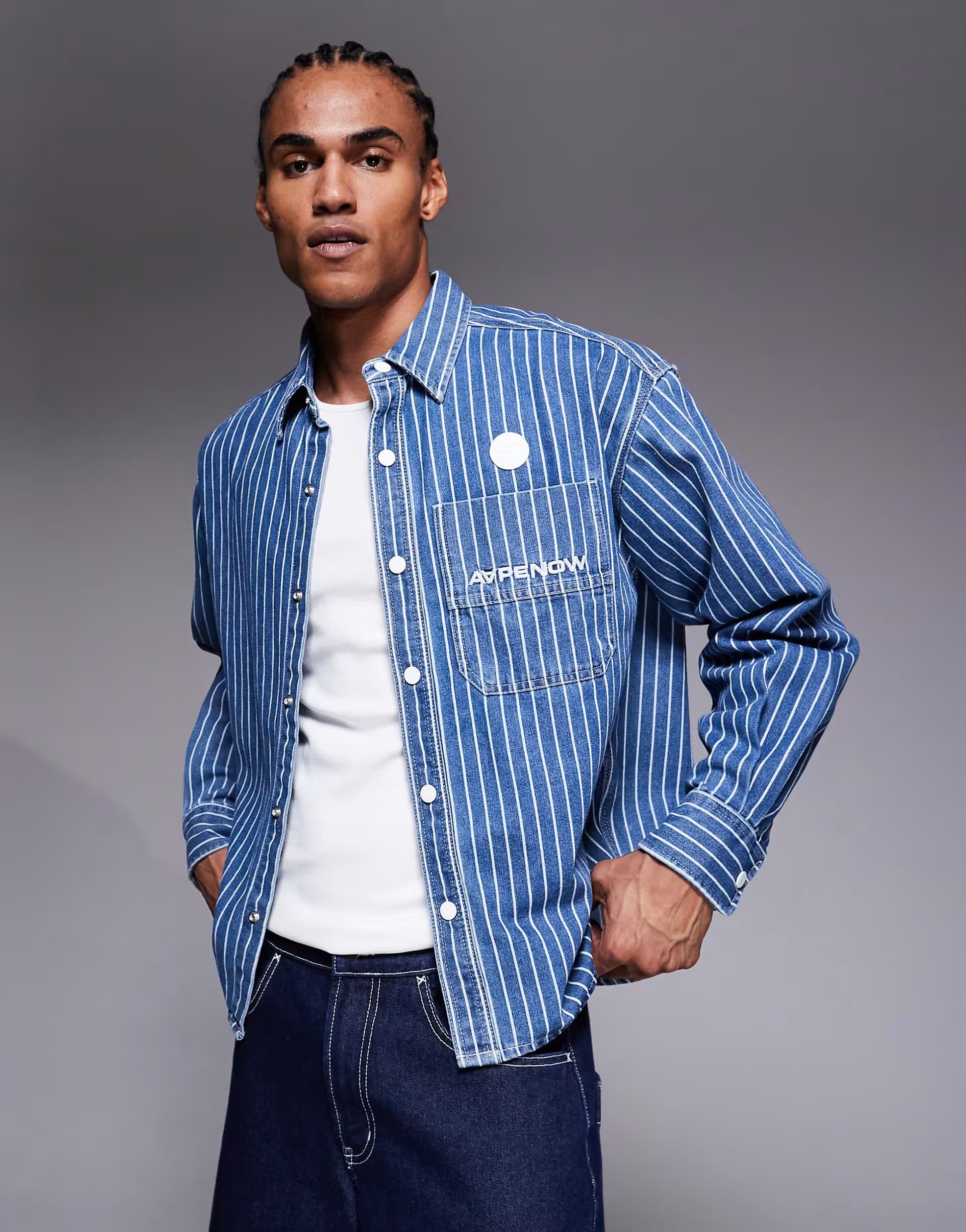 ASOS Aape by A Bathing Ape aape now denim long sleeve shirt in blue and white stripe
