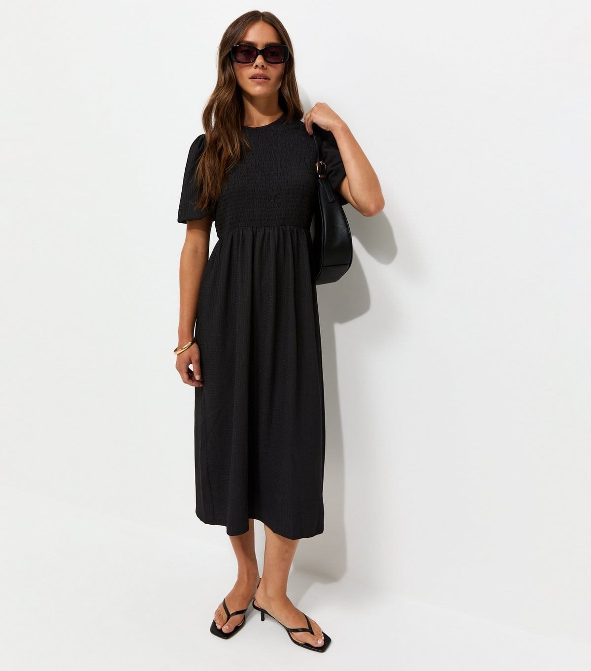 Women's Petite Black Woven Texture Shirred Bodice Midi Dress New Look