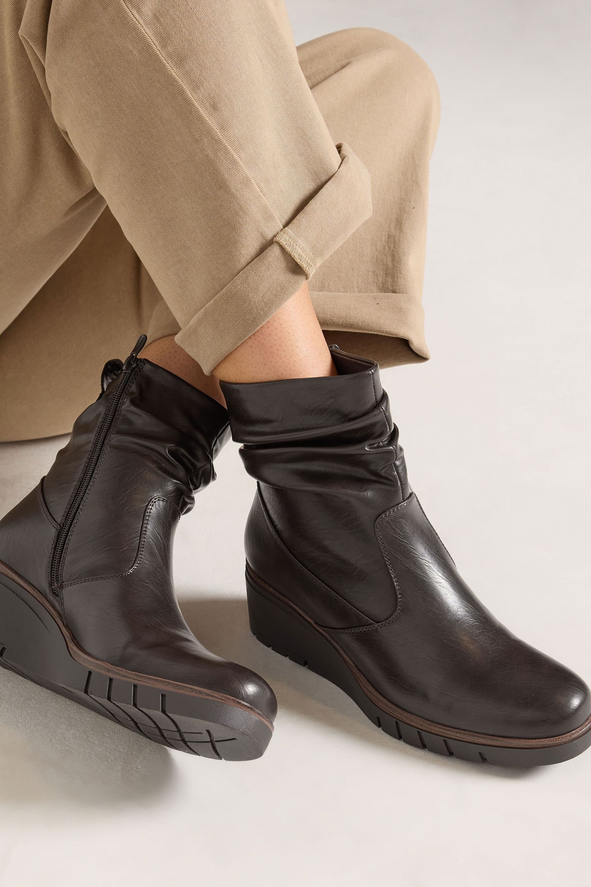 Yours Yours Women's Faux Leather Wedge Boots in Wide E & Extra Wide EEE in Brown