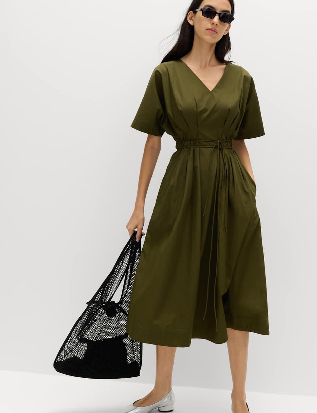 Marks & Spencer M&S Pure Cotton V-Neck Midi Waisted Dress Dark Khaki