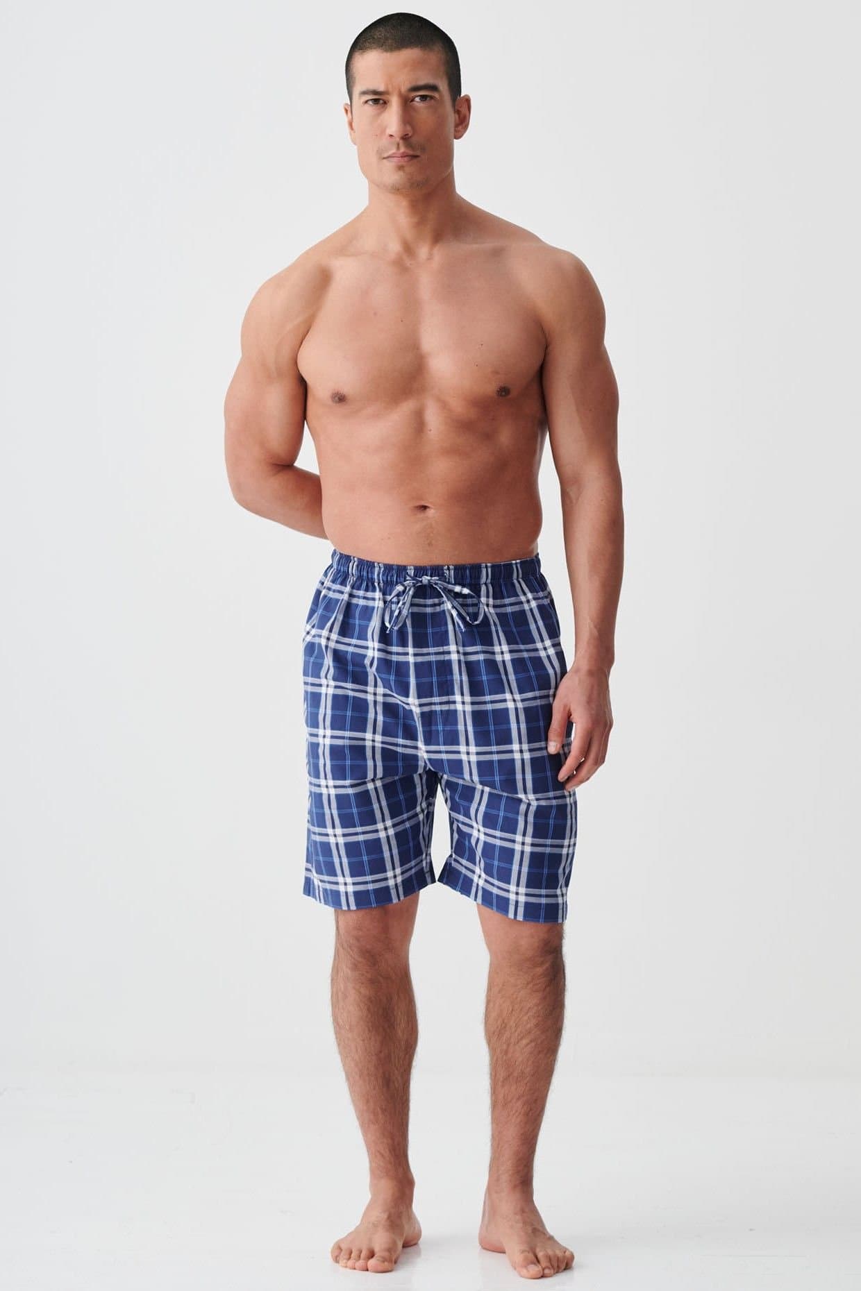 British Boxers British Boxers Men's "Chester Blue on Blue" Check Crisp Cotton Sleep Shorts in Dark Blue