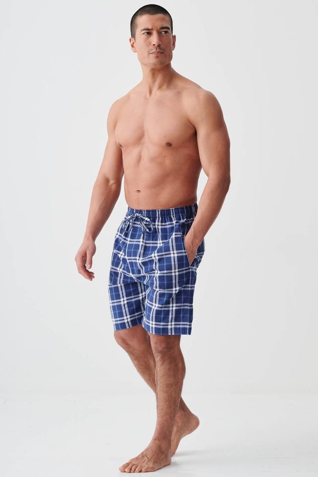 British Boxers British Boxers Men's "Chester Blue on Blue" Check Crisp Cotton Sleep Shorts in Dark Blue - 2
