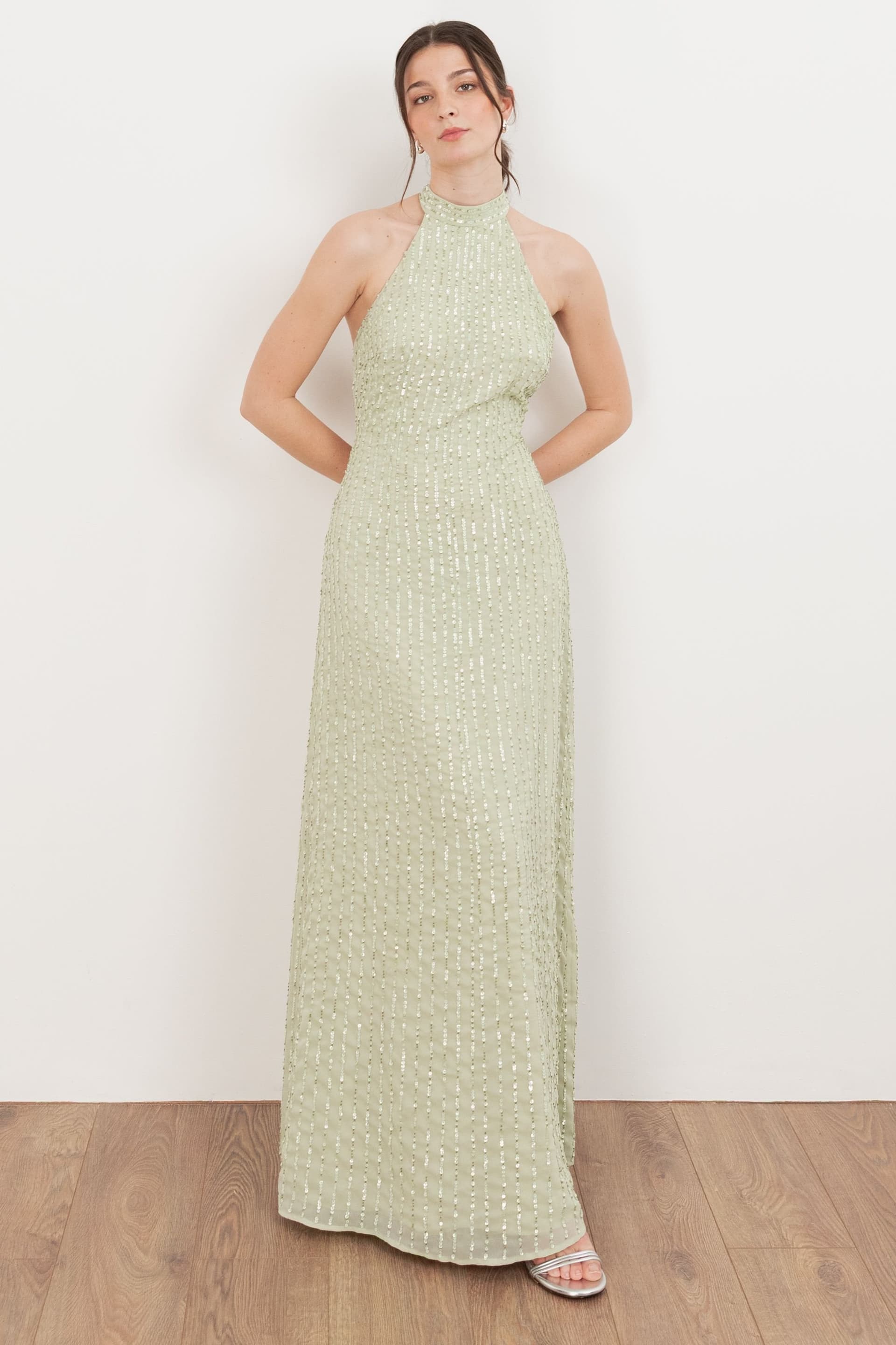 Maya Deluxe Maya Deluxe Women's Linear Embellishment Halter Neck Maxi Dress in Light Green