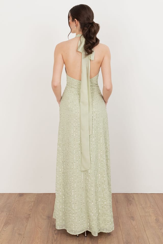 Maya Deluxe Maya Deluxe Women's Linear Embellishment Halter Neck Maxi Dress in Light Green - 2