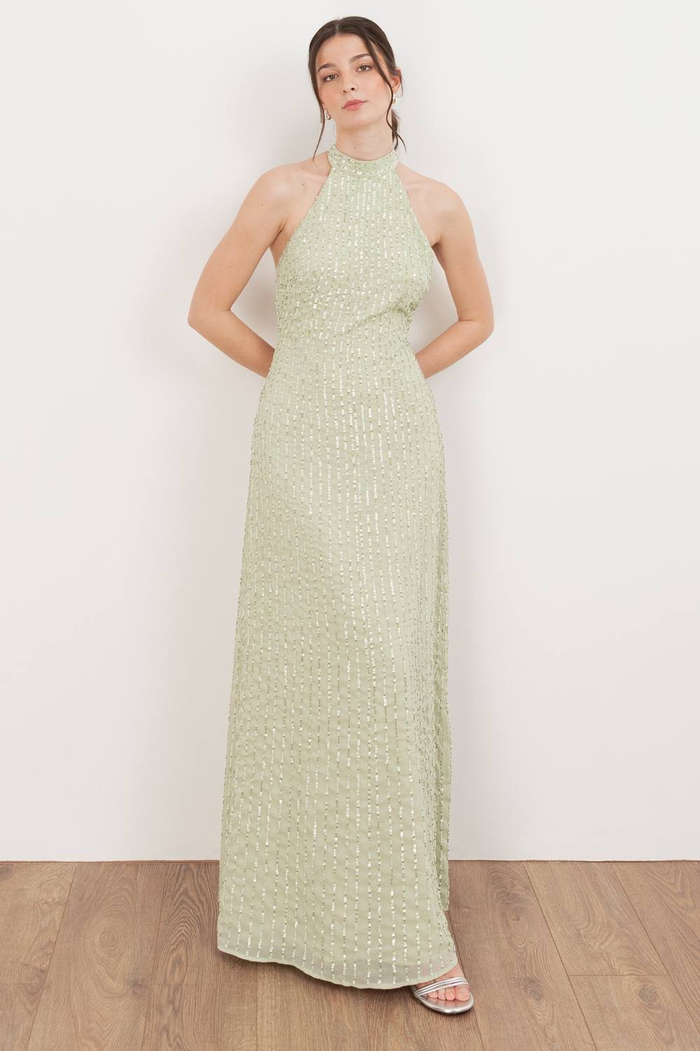 Maya Deluxe Maya Deluxe Women's Linear Embellishment Halter Neck Maxi Dress in Light Green - 3