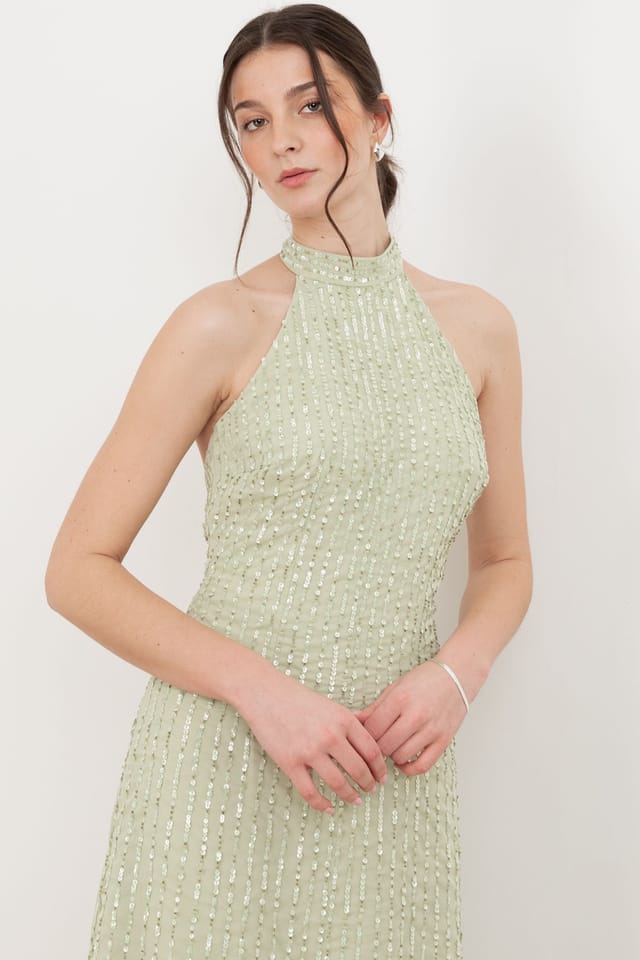 Maya Deluxe Maya Deluxe Women's Linear Embellishment Halter Neck Maxi Dress in Light Green - 3