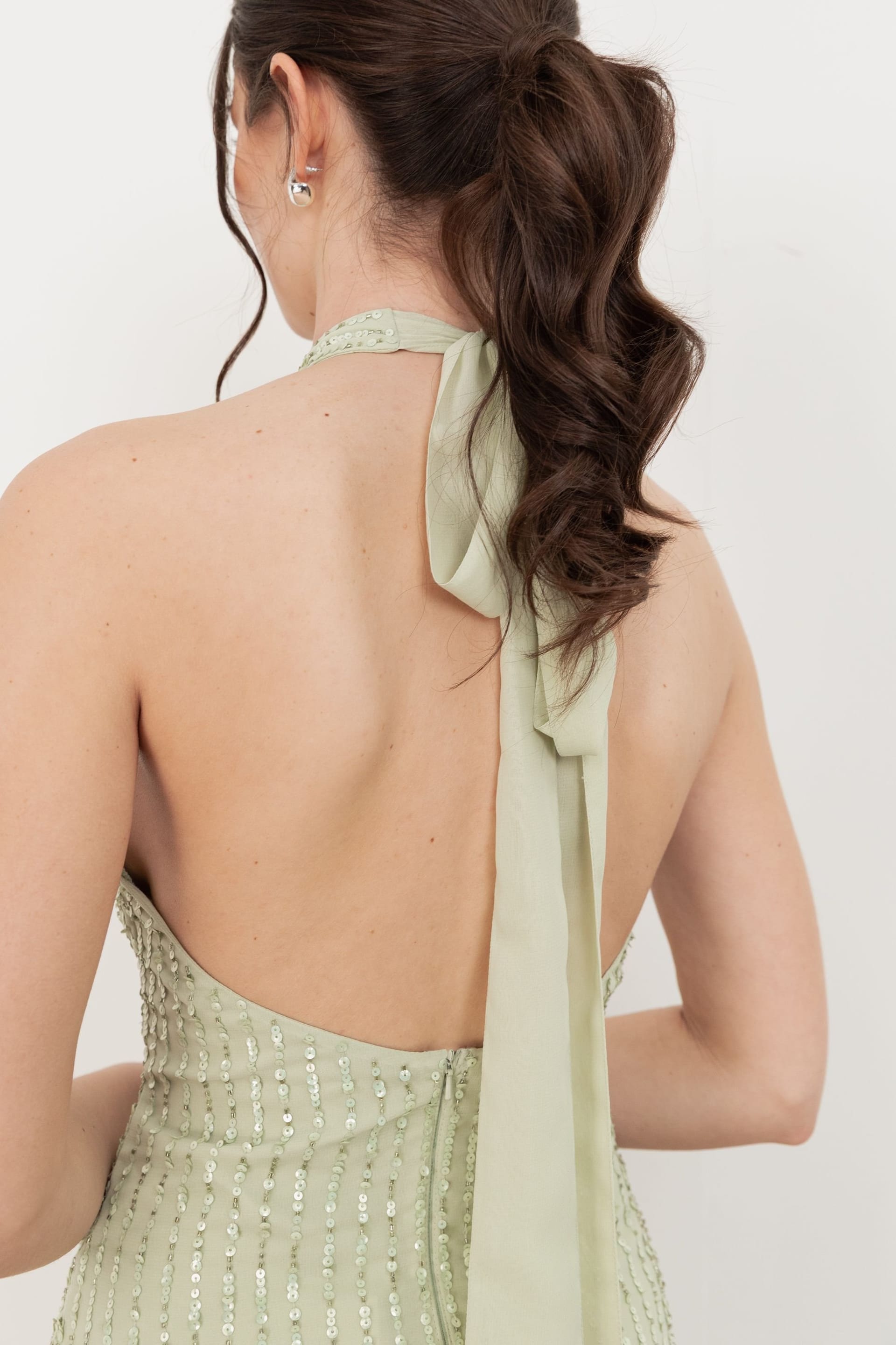 Maya Deluxe Maya Deluxe Women's Linear Embellishment Halter Neck Maxi Dress in Light Green - 4