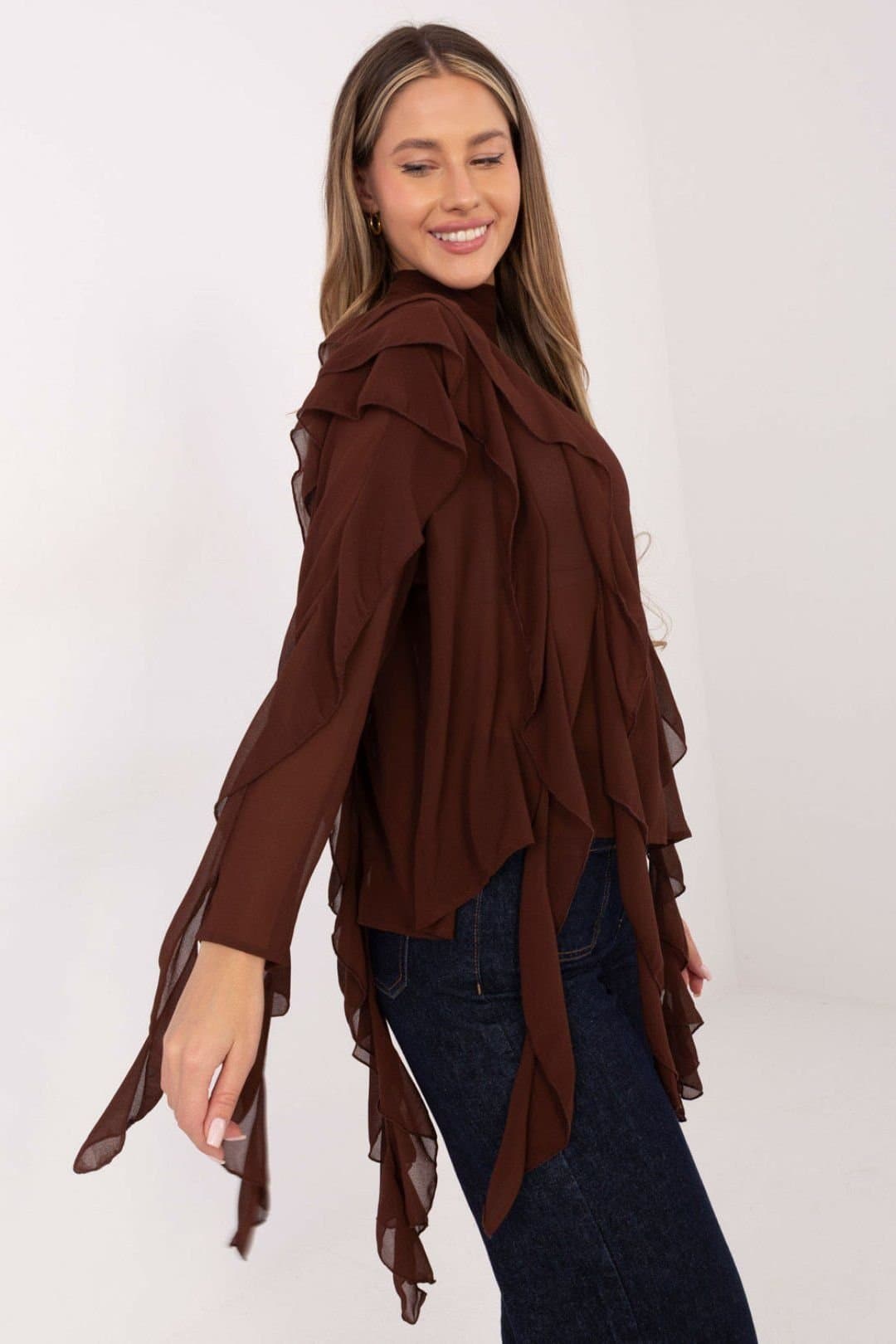 Love Lace Love Lace Women's Turtleneck Viscose Polyester Ruffle Blouse in Brown