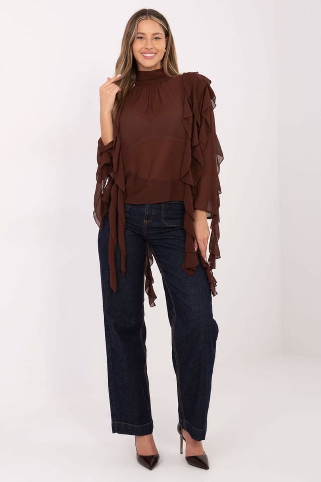 Love Lace Love Lace Women's Turtleneck Viscose Polyester Ruffle Blouse in Brown - 3