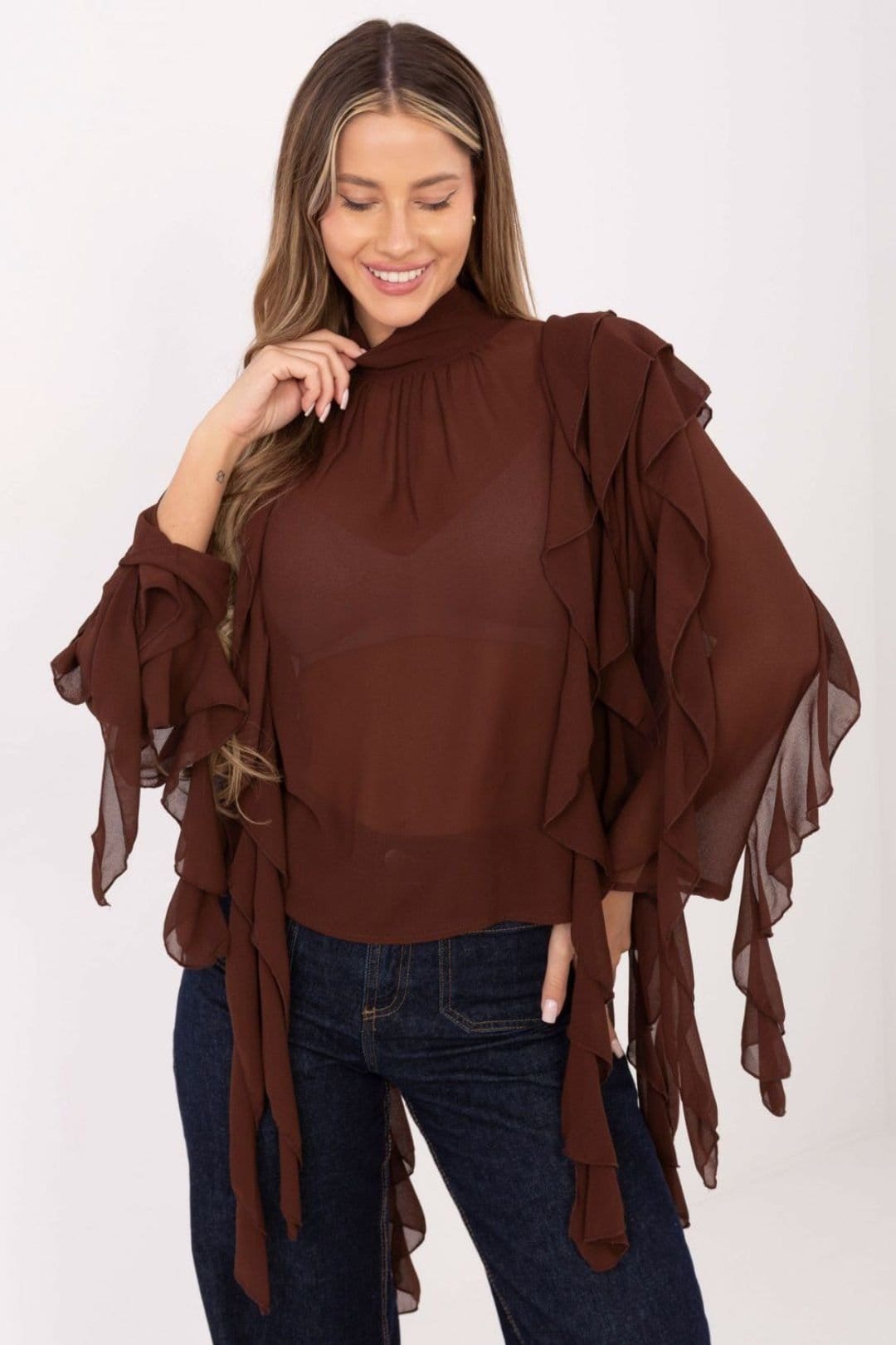 Love Lace Love Lace Women's Turtleneck Viscose Polyester Ruffle Blouse in Brown - 4