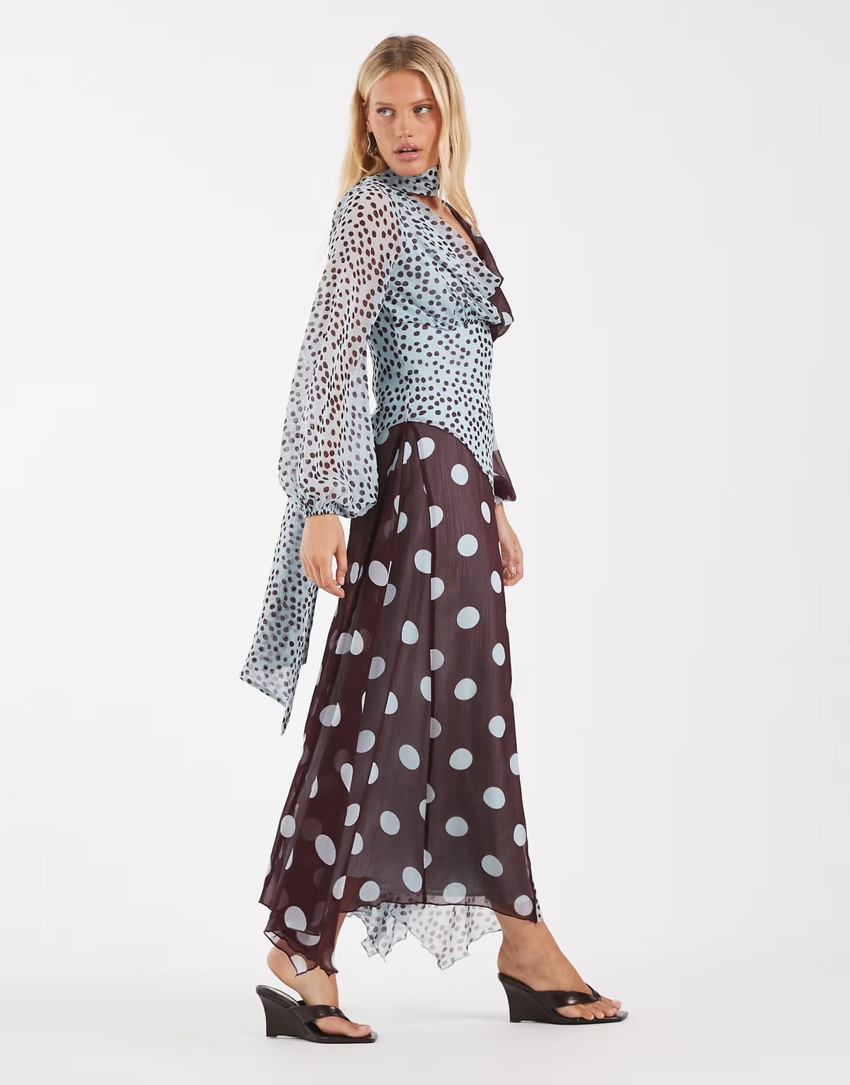ASOS ASOS DESIGN cowl neck maxi dress with scarf detail in blue spot print - 1