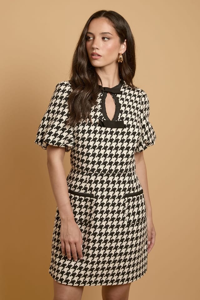Oasis Oasis Women's Houndstooth Puff Sleeve Mini Dress with bows in Mono - 2