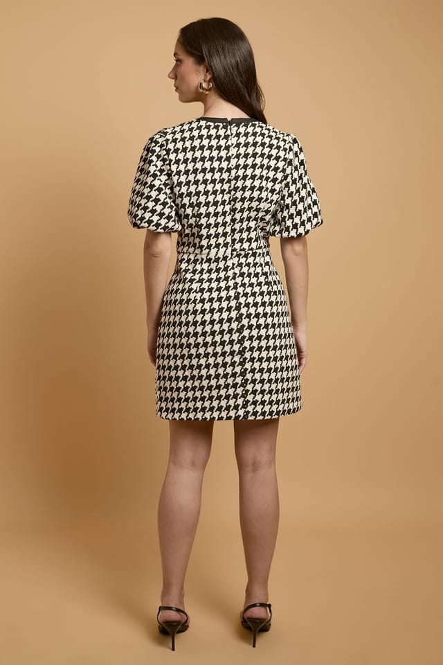 Oasis Oasis Women's Houndstooth Puff Sleeve Mini Dress with bows in Mono - 3