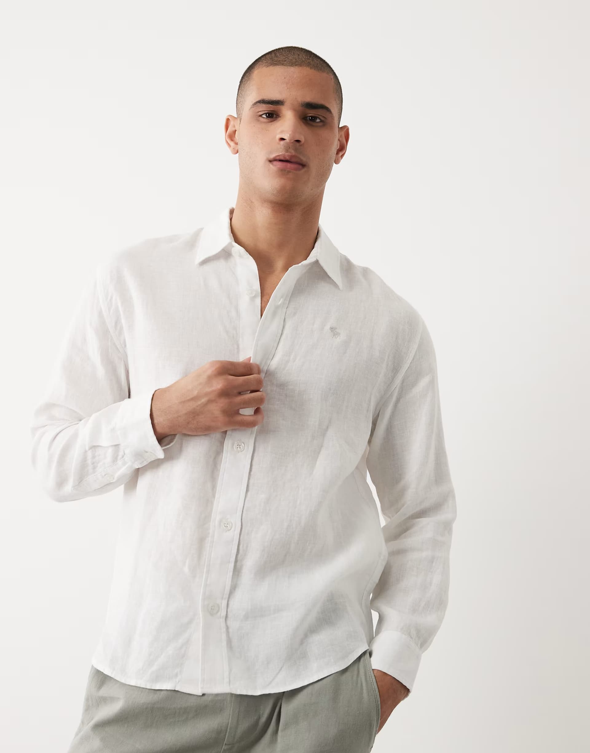 ASOS Abercrombie & Fitch 100% linen icon logo long sleeve shirt in white